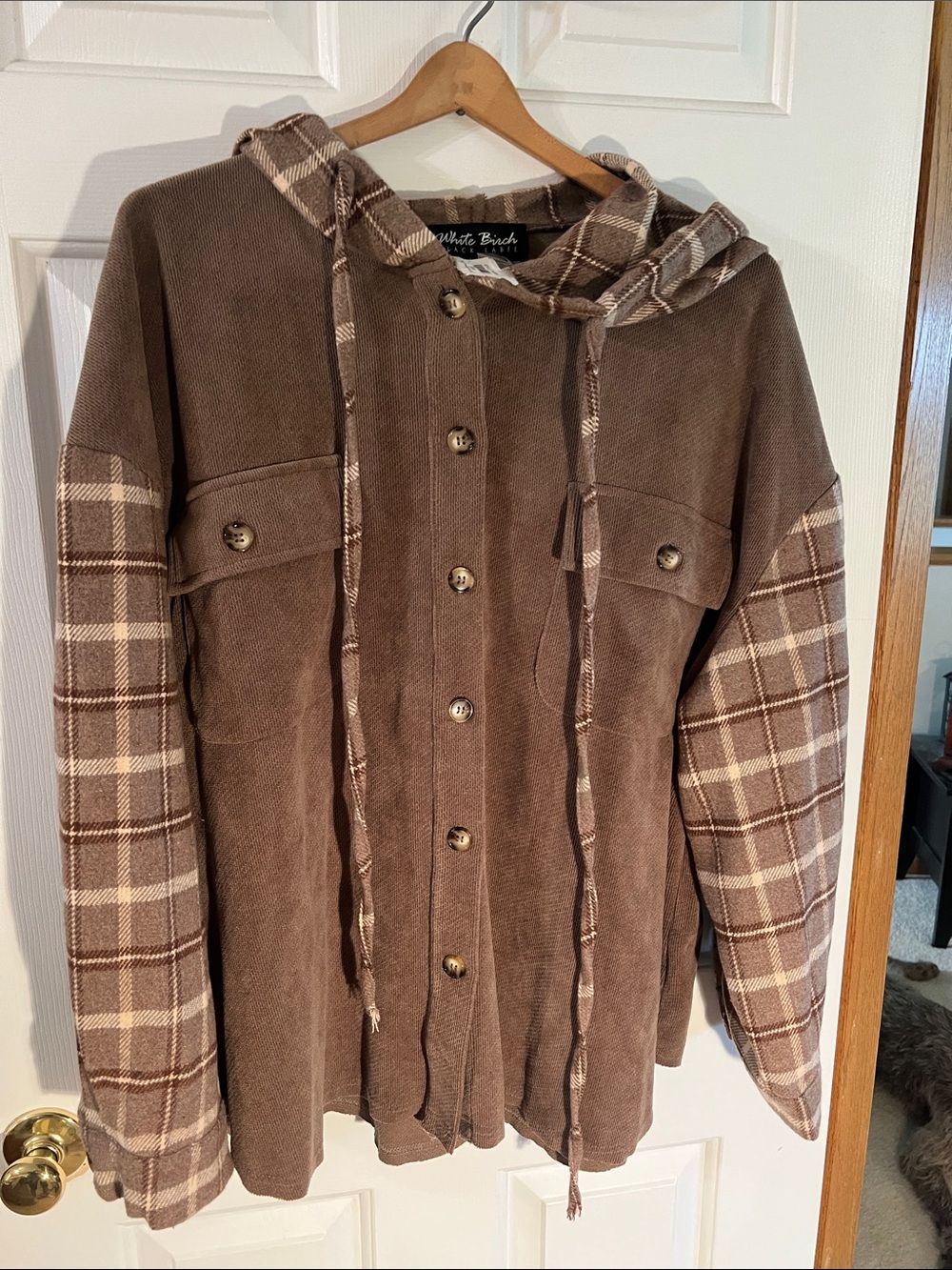 White Birch Brown Plaid Hooded Shacket